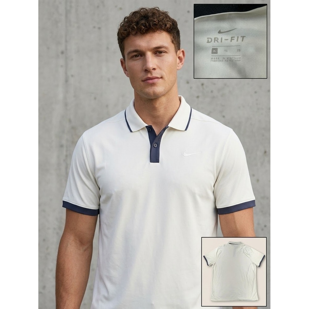 Nike Dri-FIT Polo Shirt Mens XL Cream Off-White Navy Blue Golf Short Sleeve Logo